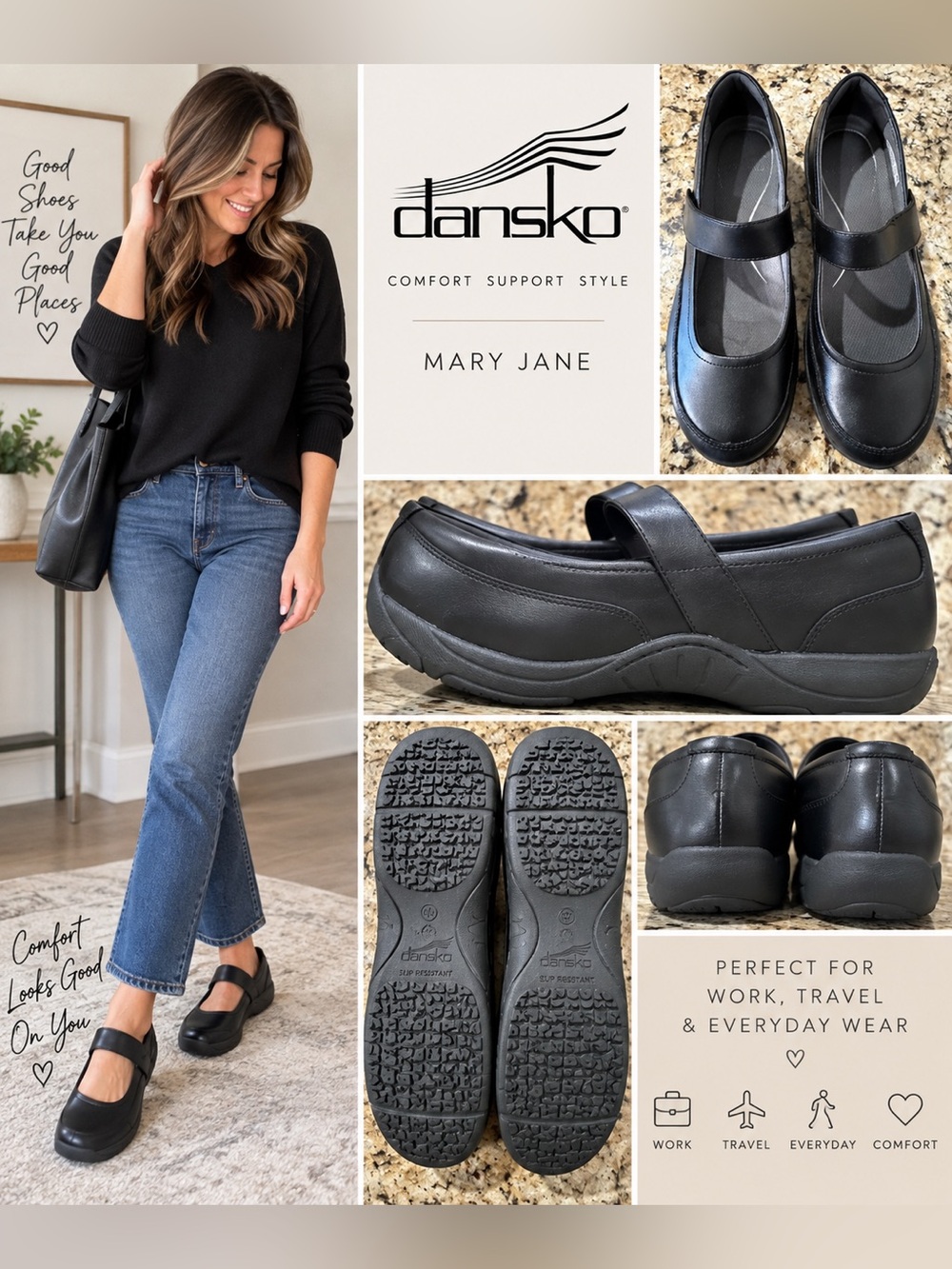 Dansko Black Leather Mary Jane Comfort Shoes Women’s Size 40 Slip Resistant